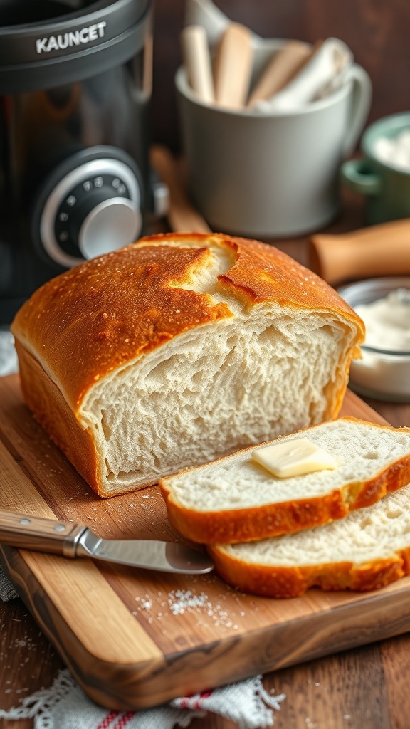 Bread Machine Recipe Guide Freshly baked bread loaf on a cutting board with a butter knife, in a cozy kitchen.